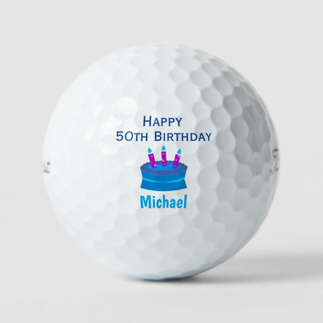 Golfer 50th Birthday Blue Cake Golf Balls (Front)