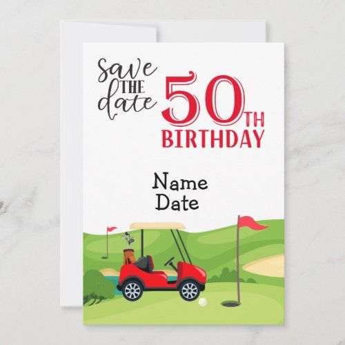 Golfer 50th Birthday with golf cart Save the Date Invitation