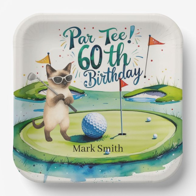 Golfer 60th Birthday for Siamese Cat Lovers Paper Plates (Front)