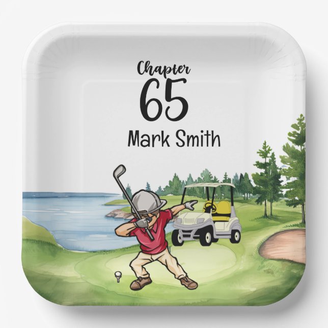Golfer 65th Birthday Dabbing with golf cart Paper Plates (Front)