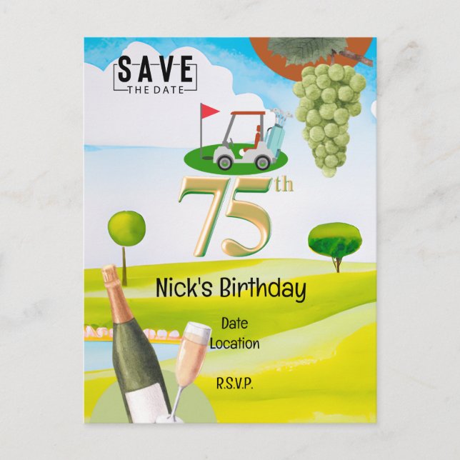 Golfer 75th Birthday on golf course Invitation Postcard (Front)