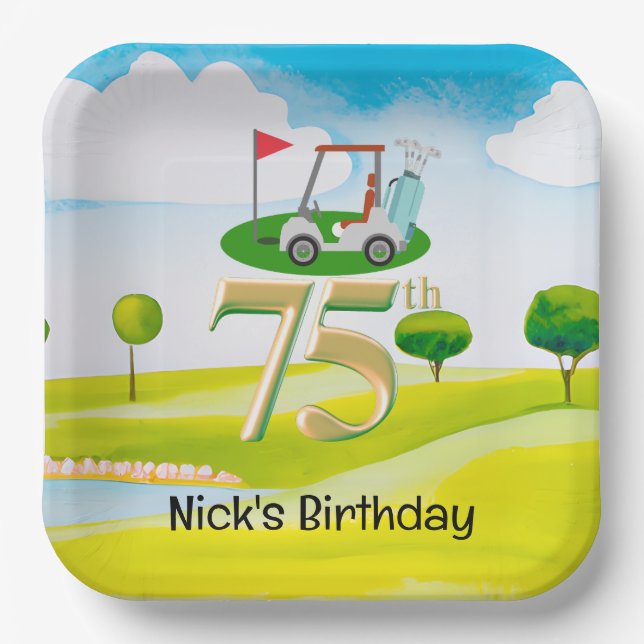 Golfer 75th Birthday on golf course Paper Plates (Front)