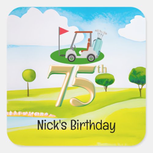 Golfer 75th Birthday on golf course Square Sticker