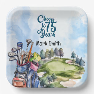 Golfer 75th Birthday with golf Bag on golf course Paper Plates