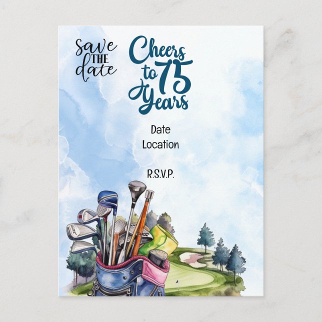 Golfer 75th Birthday with golf bag Save the Date  Invitation Postcard (Front)