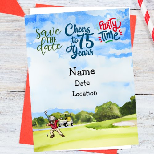 Golfer 75th Birthday with golf cart Save the Date  Invitation Postcard