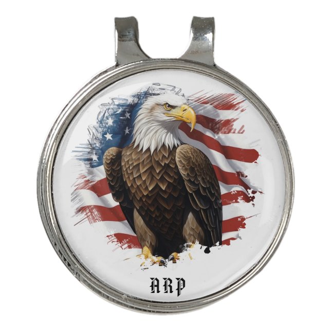 *~* Golfer American Flag Bald Eagle AP16 Initials Golf Hat Clip (Front)