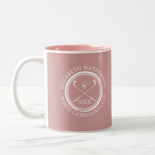 Golfer and Club Name Date Dusty Rose Pink Two_Tone Coffee Mug