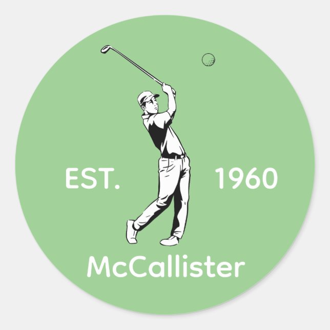 Golfer and Personalized name and year Classic Round Sticker (Front)