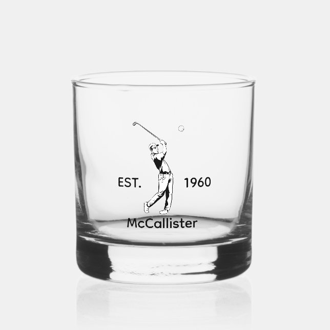 Golfer and Personalized name and year Whiskey Glass (Front)