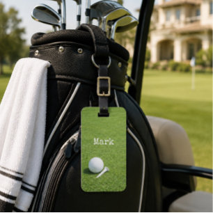 Golfer bag tag with golf ball at hole