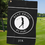 Golfer Best Bride By Par Monogrammed Sports Black Golf Towel<br><div class="desc">Unique custom design features a female golfer silhouette set in a black and white shape bordered with curved text "Best Bride By Par!" in crisp white font. You will also find a modern template for a monogrammed name, initials or custom text. The background is solid black. If you have any...</div>