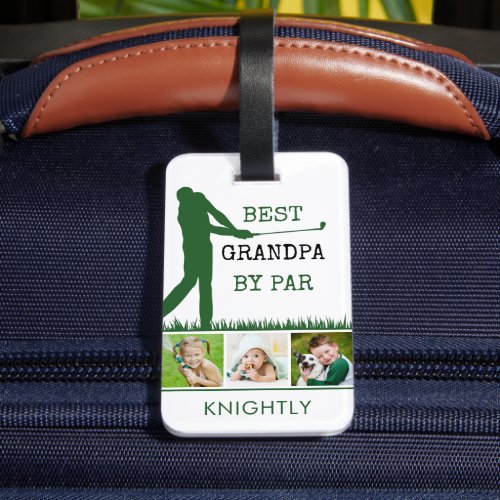 Golfer BEST GRANDPA BY PAR 3 Photo Personalized Luggage Tag - Create a unique, personalized photo luggage tag or golf bag ID tag for the golfer grandpa featuring 3 photos of his grandkids and the funny golf saying title BEST GRANDPA BY PAR and personalized with his name or monogram. Makes a memorable, meaningful grandpa gift for his birthday, Grandparents Day, Father's Day or a holiday. ASSISTANCE:  For help with design modification or personalization, color change or transferring the design to another product, contact the designer BEFORE ORDERING via the Zazzle Chat MESSAGE tab below or email makeitaboutyoustore@gmail.com.