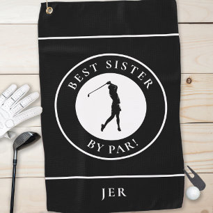 Golfer Best Sister By Par Family Monogram Black Golf Towel