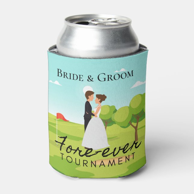 Golfer Bride & Groom on the Golf Course  Wedding   Can Cooler (Can Front)