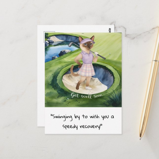 Golfer Cat lovers get well soon speedy recovery Postcard (Front/Back In Situ)