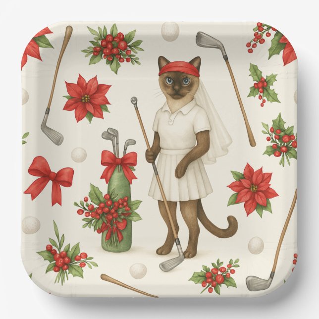 Golfer Cat Woman Christmas themed for animal lover Paper Plates (Front)