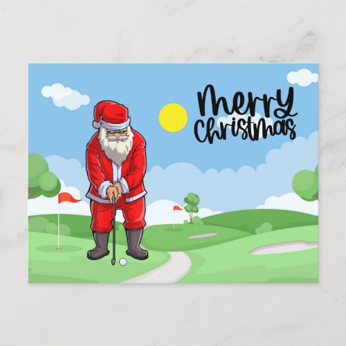 Golfer Christmas with Golf Flag and Santa Claus  Holiday Postcard