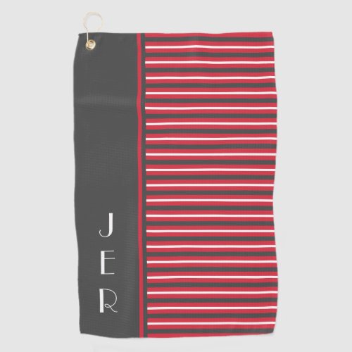 Golfer Custom Initials   Red Gray Modern Stripes Golf Towel