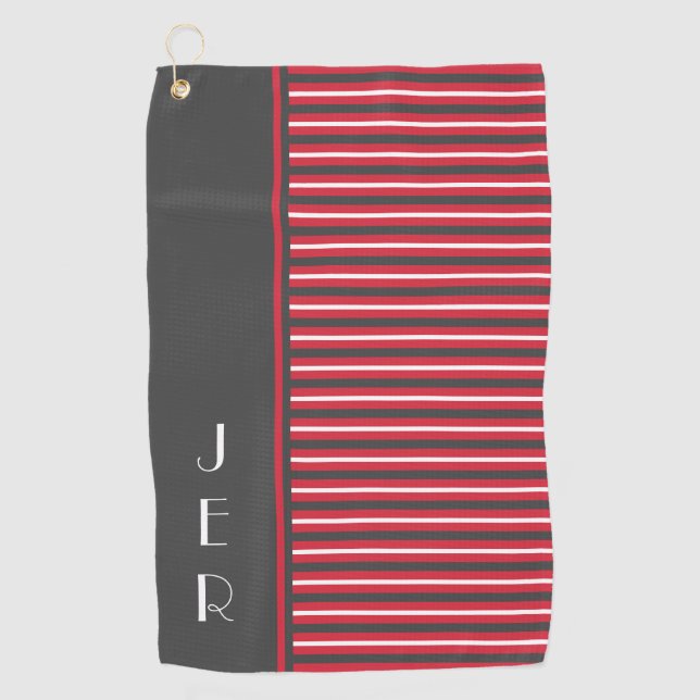 Golfer Custom Initials |  Red Gray Modern Stripes Golf Towel (Front)