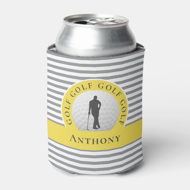 Golfer Custom Monogrammed Name Gray Yellow Sports Can Cooler (Can Front)