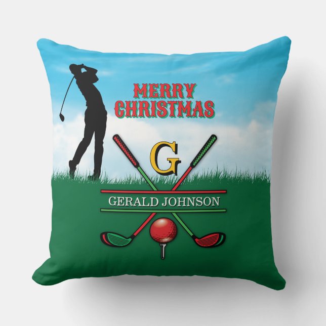 Golfer Customized Christmas Monogram Design Throw Pillow (Front)