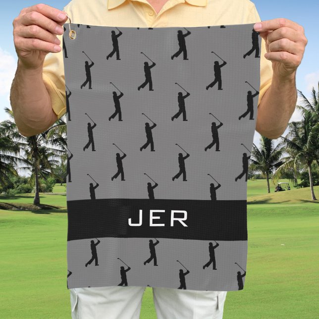 Golfer Customized Monogrammed Pattern Gray Black Golf Towel (Creator Uploaded)