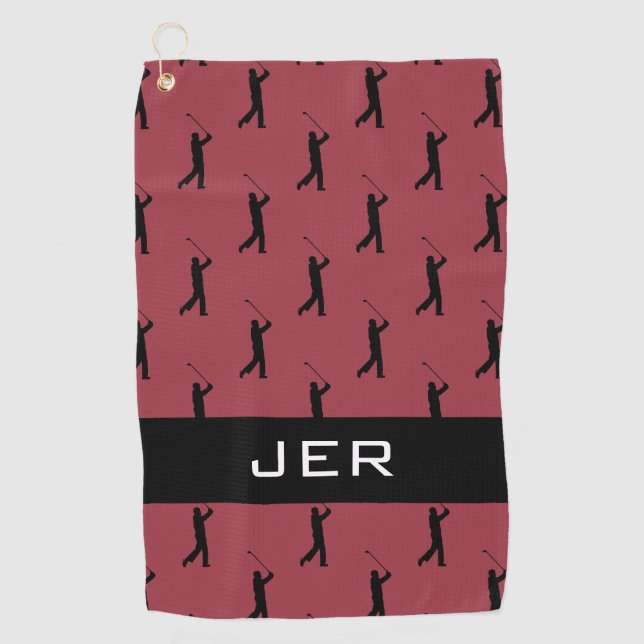 Golfer Customized Monogrammed Pattern Red Black Golf Towel (Front)