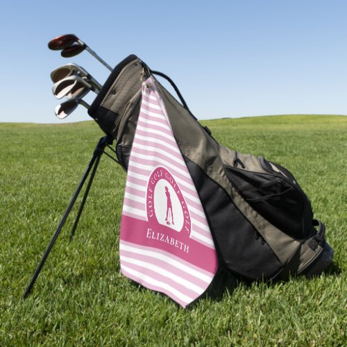 Golfer Female Golf Silhouette Monogram Name Pink   Golf Towel