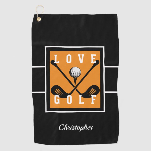 Golfer Fun Golf Lover Name Template Black & Orange Towel (Front)