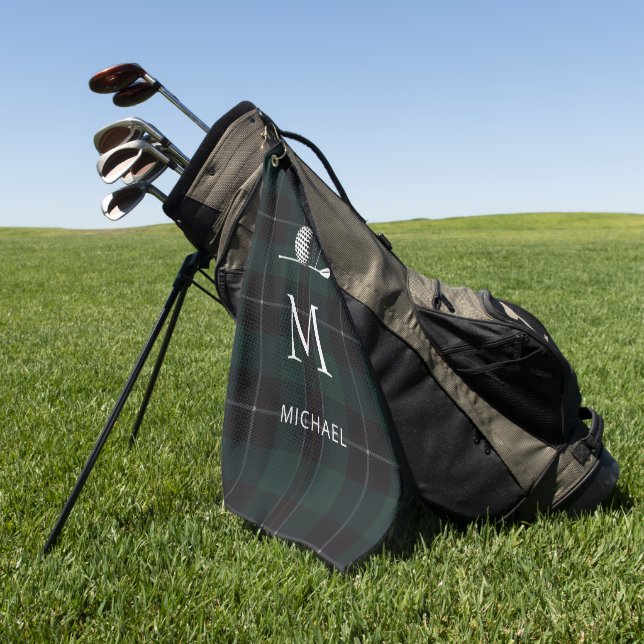 Golfer Gift Minimalist Monogram Plaid Custom Golf Towel (Green)