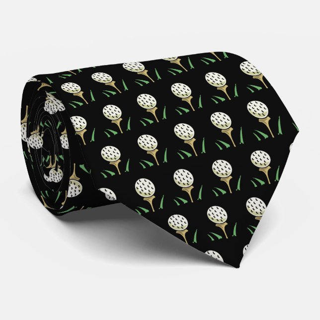 Golfer Golf Balls Gold Tees on Black Neck Tie (Rolled)