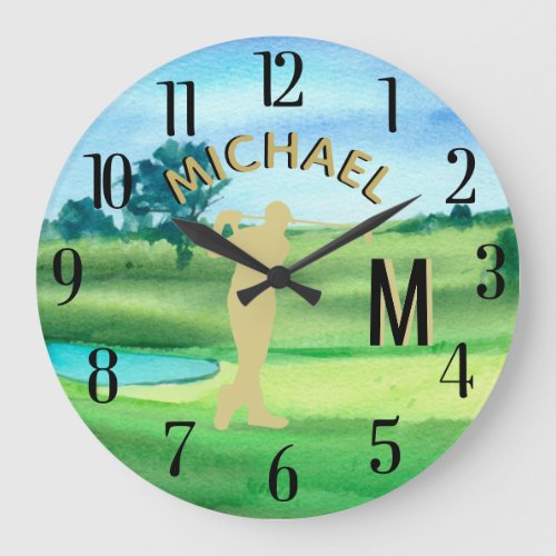 Golfer Golf Course Custom Name 3_D Monogram Large Clock