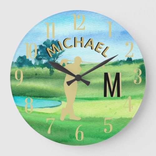 Golfer Golf Course Custom Name 3_D Monogram  Large Clock