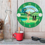 Golfer Golf Course Custom Name 3-D Monogram   Large Clock<br><div class="desc">A custom unique golf lover's wall clock-- tastefully done -- ready to run the course -- scenic - golfer in action - and personalize with a custom two-tone monogram as well and their name as well. This is a great gift for all gentlemen golf lovers -- fun / attractive /...</div>