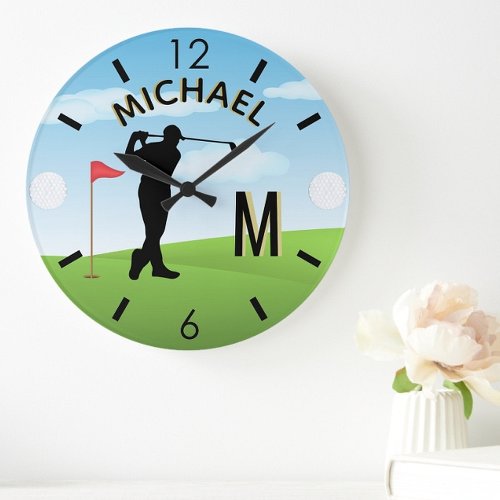 Golfer Golf Course Custom Name 3_D Monogram   Large Clock