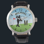 Golfer Golf Course Custom Name 3-D Monogram    Watch<br><div class="desc">A custom unique golf lover's watch-- tastefully done -- ready to run the course -- scenic - golfer in action - and personalize with a custom two-tone monogram as well and their name as well. This is a great gift for all gentlemen golf lovers -- fun / attractive / unique....</div>
