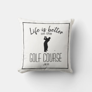Golfer Golf Course Quote Monogram White & Black Throw Pillow