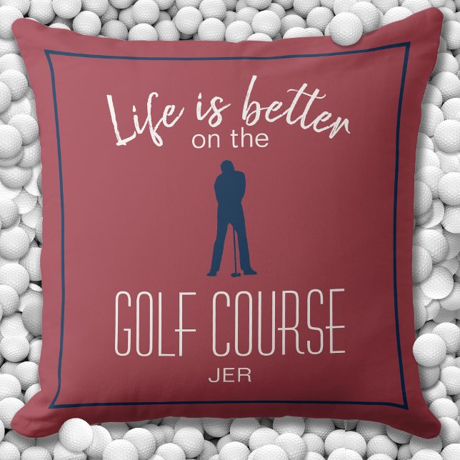 Golfer Golf Course Quote Monogrammed Red Blue Throw Pillow (Creator Uploaded)