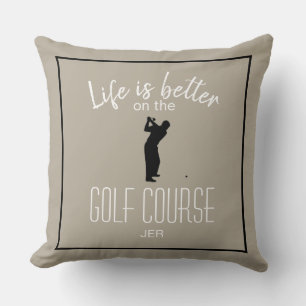 Golfer Golf Course Quote Monogrammed Taupe Black Throw Pillow
