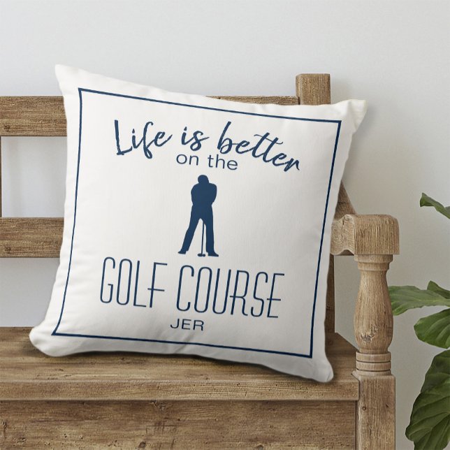 Golfer Golf Course Quote Monogrammed White Blue Throw Pillow (Golfer Golf Course Quote Monogrammed White Blue Throw Pillow)