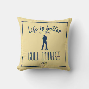 Golfer Golf Course Quote Monogrammed Yellow Blue Throw Pillow