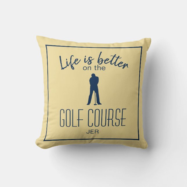 Golfer Golf Course Quote Monogrammed Yellow Blue Throw Pillow (Front)