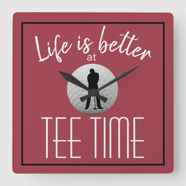 Golfer Golf Course Tee Time Red Black Square Wall Clock (Front)