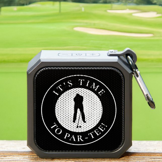 Golfer Golf Funny Sports Par Tee Mens Modern Black Bluetooth Speaker (Black Bluetooth speaker with Par-Tee golfer logo—fun, bold, and perfect for tee-time tunes.)