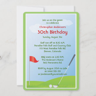 Golfer Golf Golfing Ball and Flag 30th Birthday Invitation