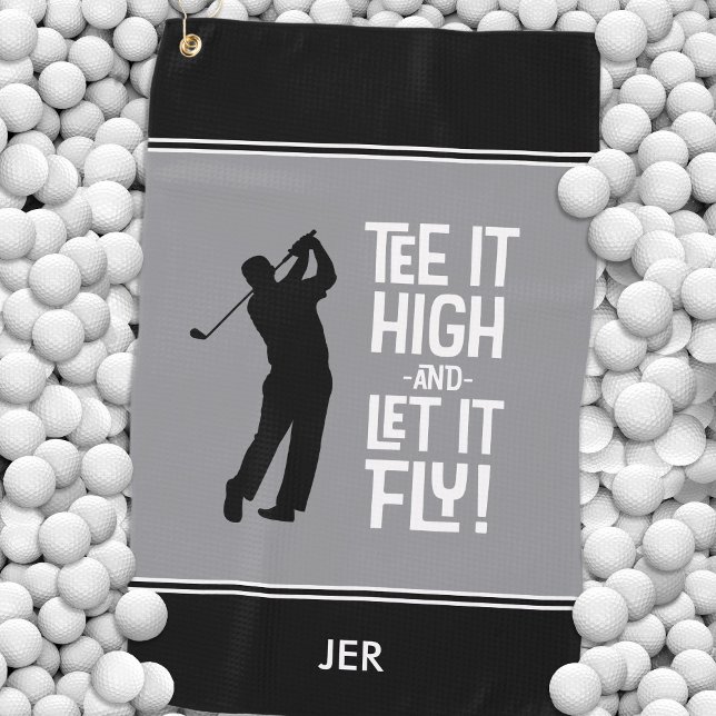 Golfer Golf Humor Funny Sports Monogram Black Gray Golf Towel (Creator Uploaded)