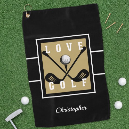 Golfer Golf Quote Modern Monogram Pro Gold Black Golf Towel