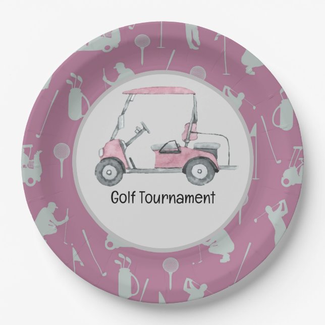 Golfer Golfing Golf Cart party tournament pink Paper Plates (Front)