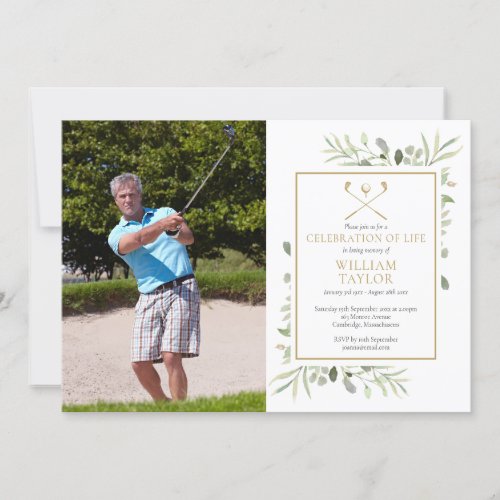 Golfer Greenery Celebration of Life Photo Invitation